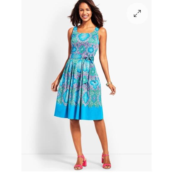 Talbots Retro Paisley Fit Flare Dress Womens Size 14 Pleated Pockets New Af15 - Picture 1 of 11